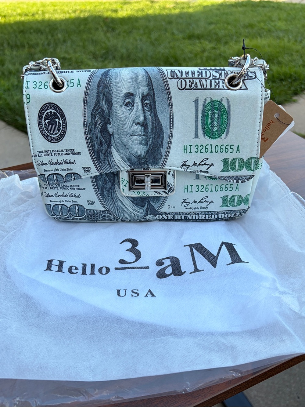 Hello 3AM $100 Bill Money Print Crossbody Clutch Purse Chain NWT